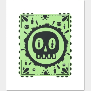 Black Skulls -Dia De Los Muertos - Light Green - Papel Picado Posters and Art